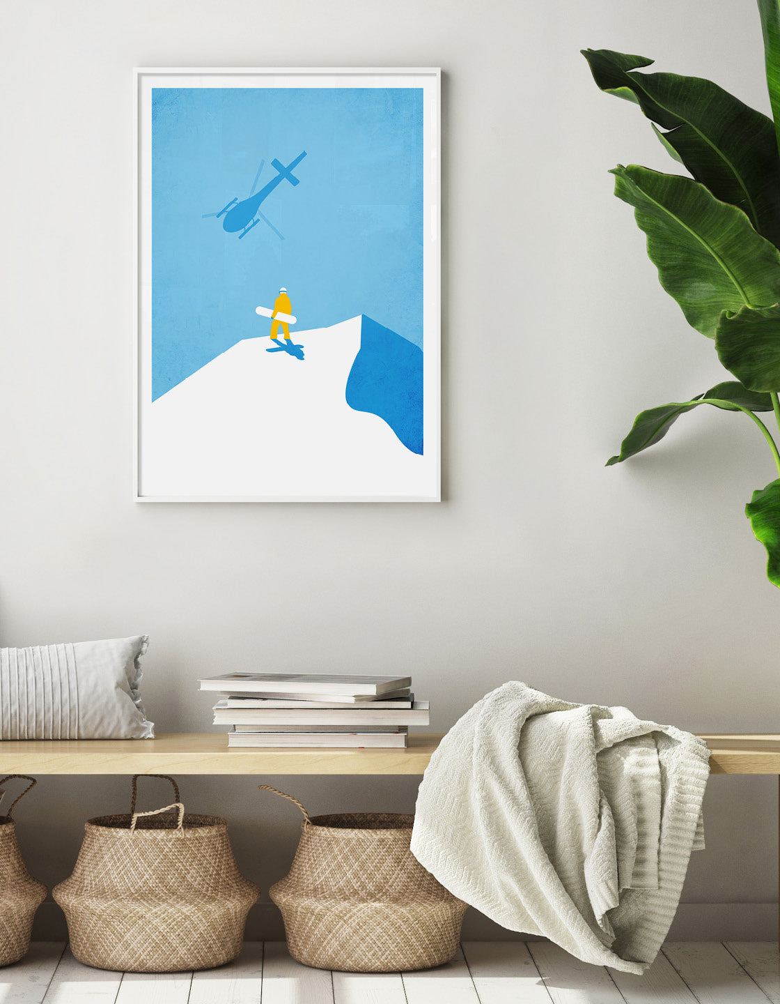 Vintage travel-style snowboard poster featuring a heliboarder in action, perfect for home or office decor.