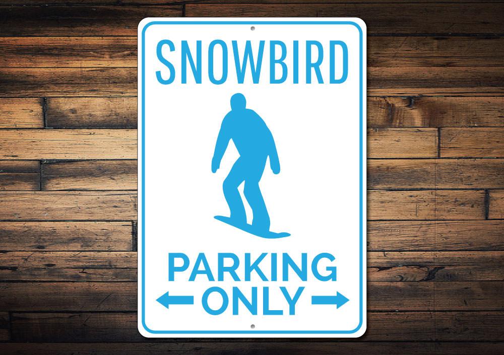 A vibrant Snowboarder Parking Sign made of durable aluminum, featuring a snowboarder graphic, perfect for outdoor enthusiasts.