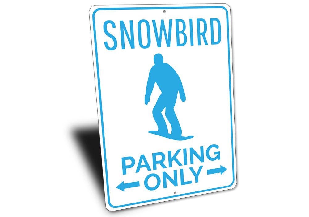 A vibrant Snowboarder Parking Sign made of durable aluminum, featuring a snowboarder graphic, perfect for outdoor enthusiasts.