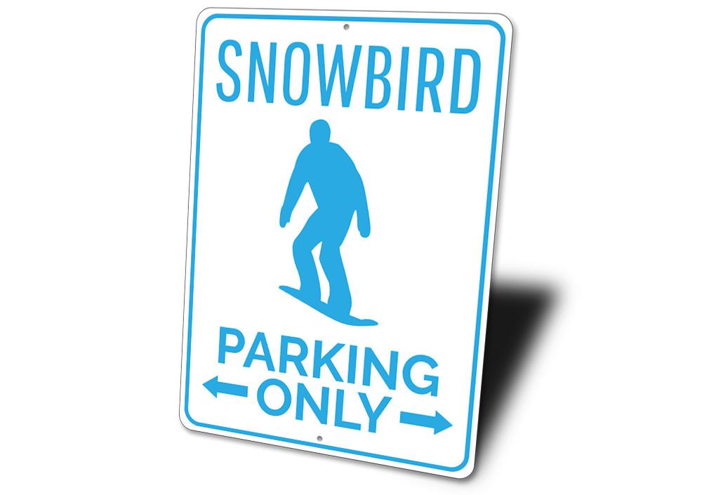 A vibrant Snowboarder Parking Sign made of durable aluminum, featuring a snowboarder graphic, perfect for outdoor enthusiasts.