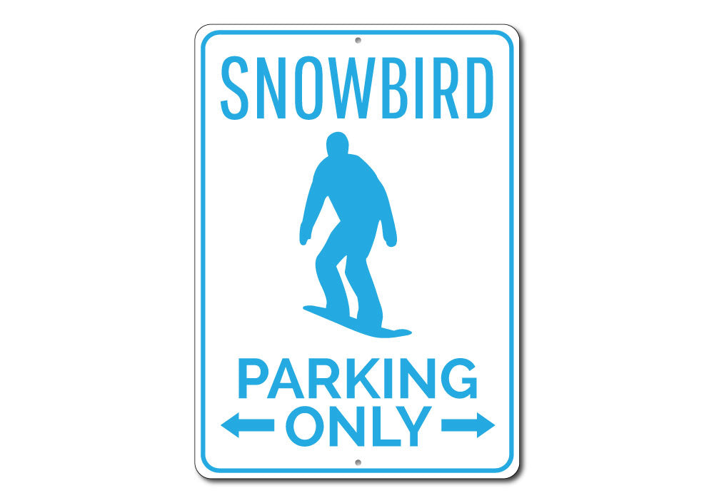 A vibrant Snowboarder Parking Sign made of durable aluminum, featuring a snowboarder graphic, perfect for outdoor enthusiasts.