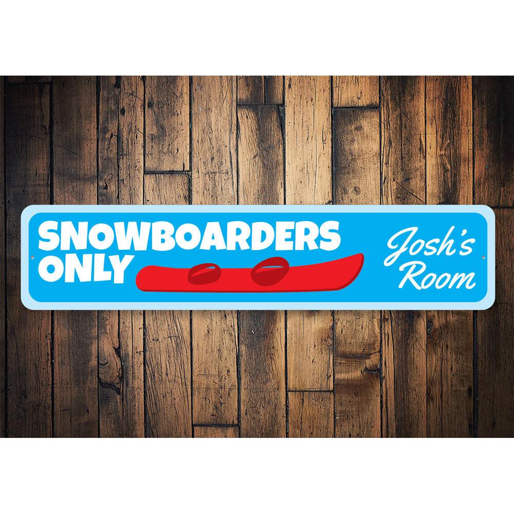 A vibrant Snowboarders Only Sign made of durable aluminum, featuring a unique design perfect for snowboard enthusiasts.