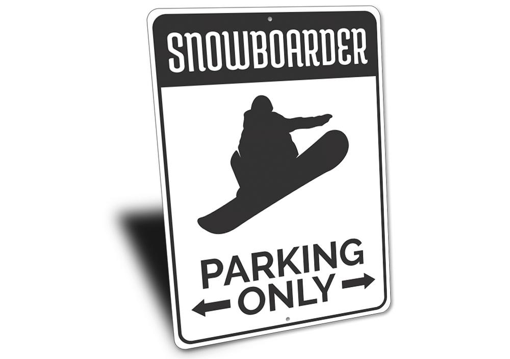 A vibrant Snowboarding Parking Sign made of durable aluminum, featuring a snowboarding graphic and customizable text options.