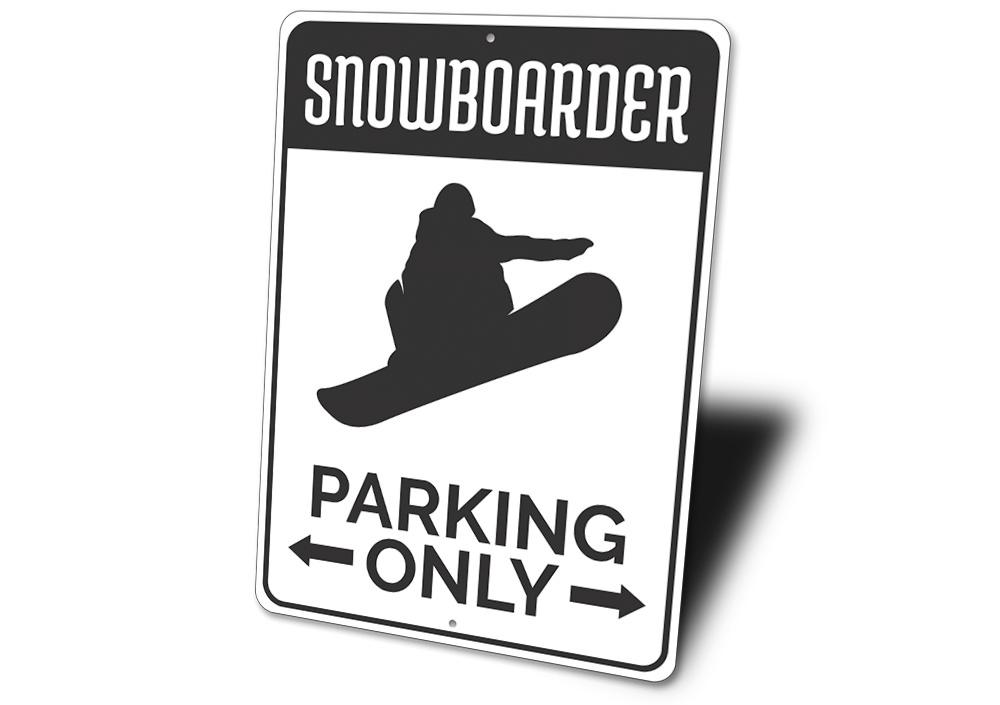 A vibrant Snowboarding Parking Sign made of durable aluminum, featuring a snowboarding graphic and customizable text options.