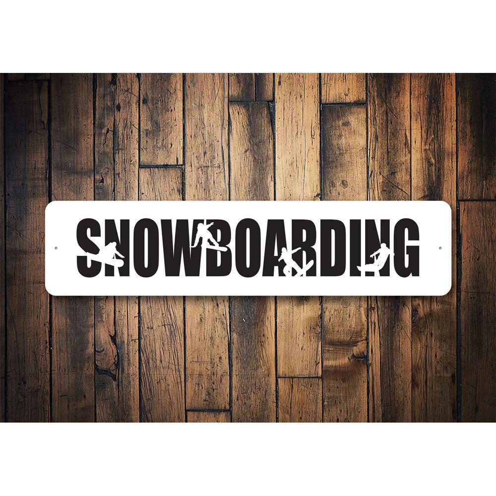 A custom Snowboarding Sign made of high-quality aluminum, featuring a vibrant design perfect for home decor.