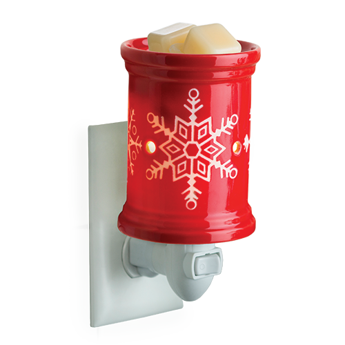 Snowflake Pluggable Warmer with bold red glaze and white snowflake design, perfect for seasonal decor and fragrance.