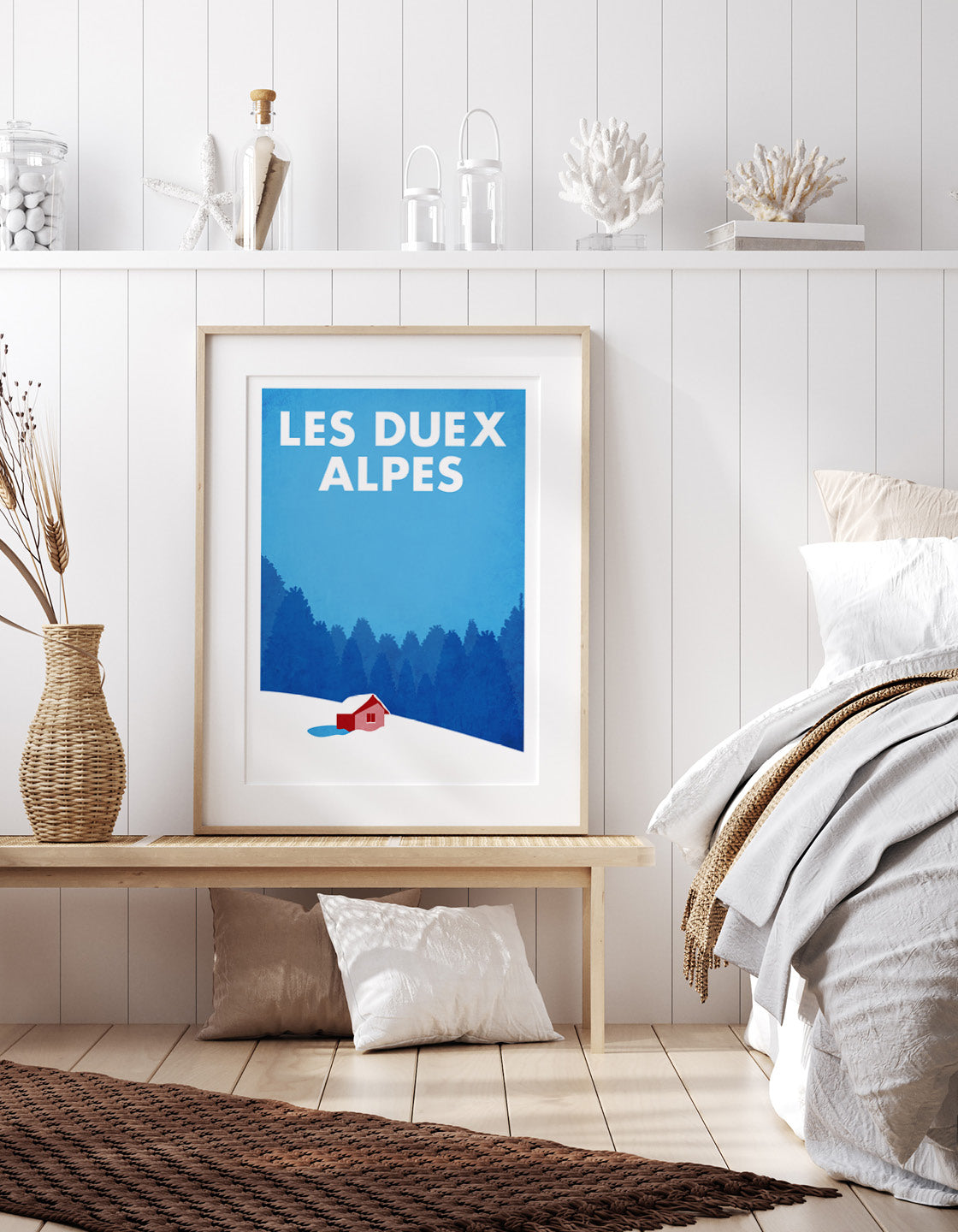 Art print of a snowy mountain hut, showcasing a serene winter landscape with a rustic cabin surrounded by snow-covered trees.