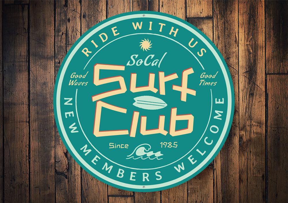 SoCal Surf Club Sign made of durable aluminum, featuring vibrant colors and a beach-themed design, perfect for home decor.