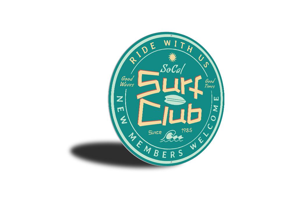 SoCal Surf Club Sign made of durable aluminum, featuring vibrant colors and a beach-themed design, perfect for home decor.