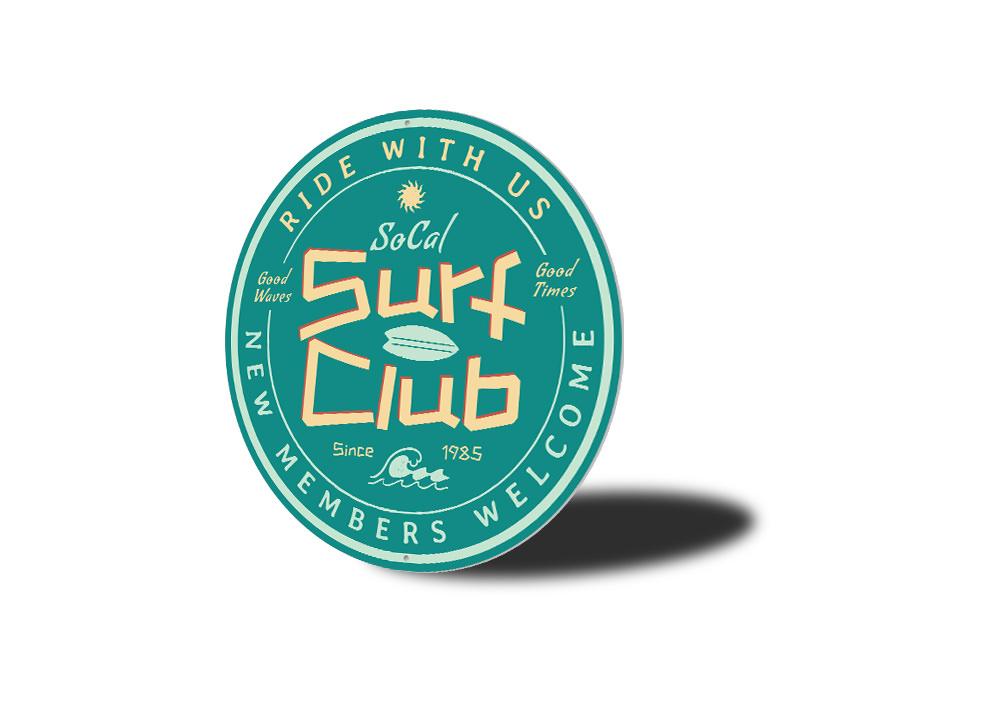 SoCal Surf Club Sign made of durable aluminum, featuring vibrant colors and a beach-themed design, perfect for home decor.