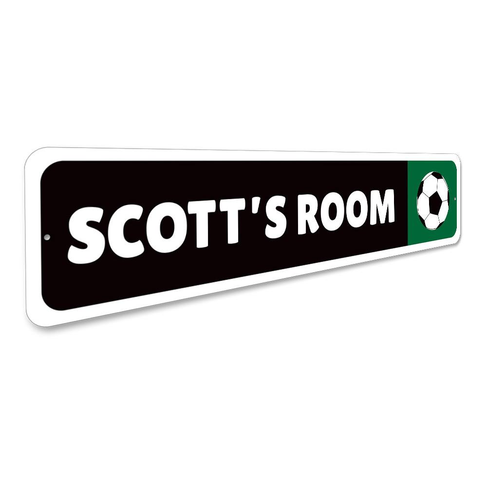 Customizable Soccer Player Sign made from high-quality aluminum, featuring a vibrant design perfect for kids' rooms.