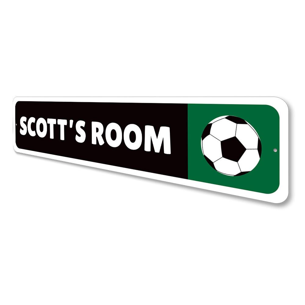 Customizable Soccer Player Sign made from high-quality aluminum, featuring a vibrant design perfect for kids' rooms.