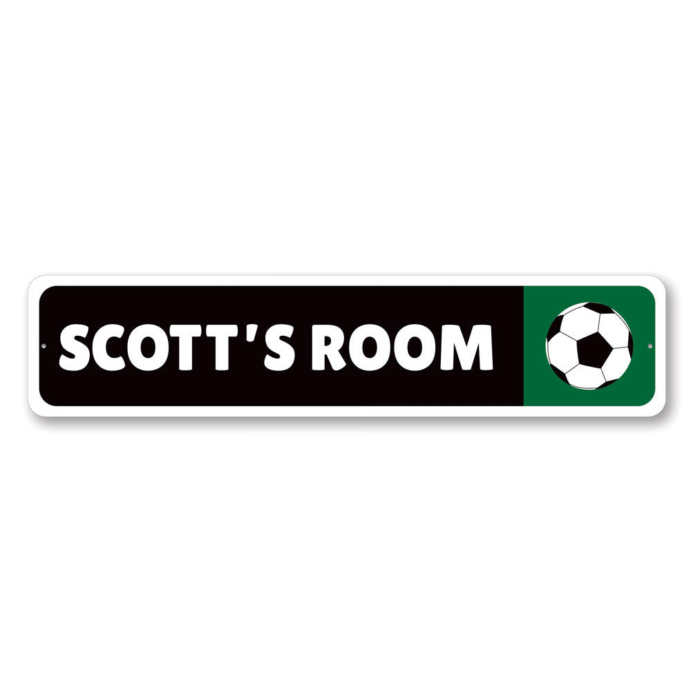 Customizable Soccer Player Sign made from high-quality aluminum, featuring a vibrant design perfect for kids' rooms.