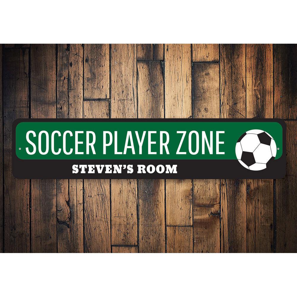 Soccer Player Zone Sign featuring vibrant colors and customizable text, perfect for a child's room decor.