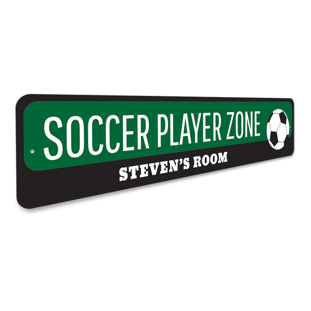 Soccer Player Zone Sign featuring vibrant colors and customizable text, perfect for a child's room decor.