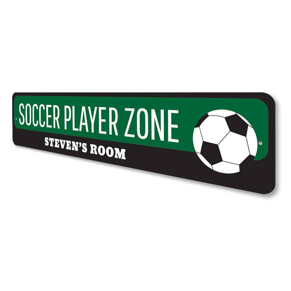 Soccer Player Zone Sign featuring vibrant colors and customizable text, perfect for a child's room decor.