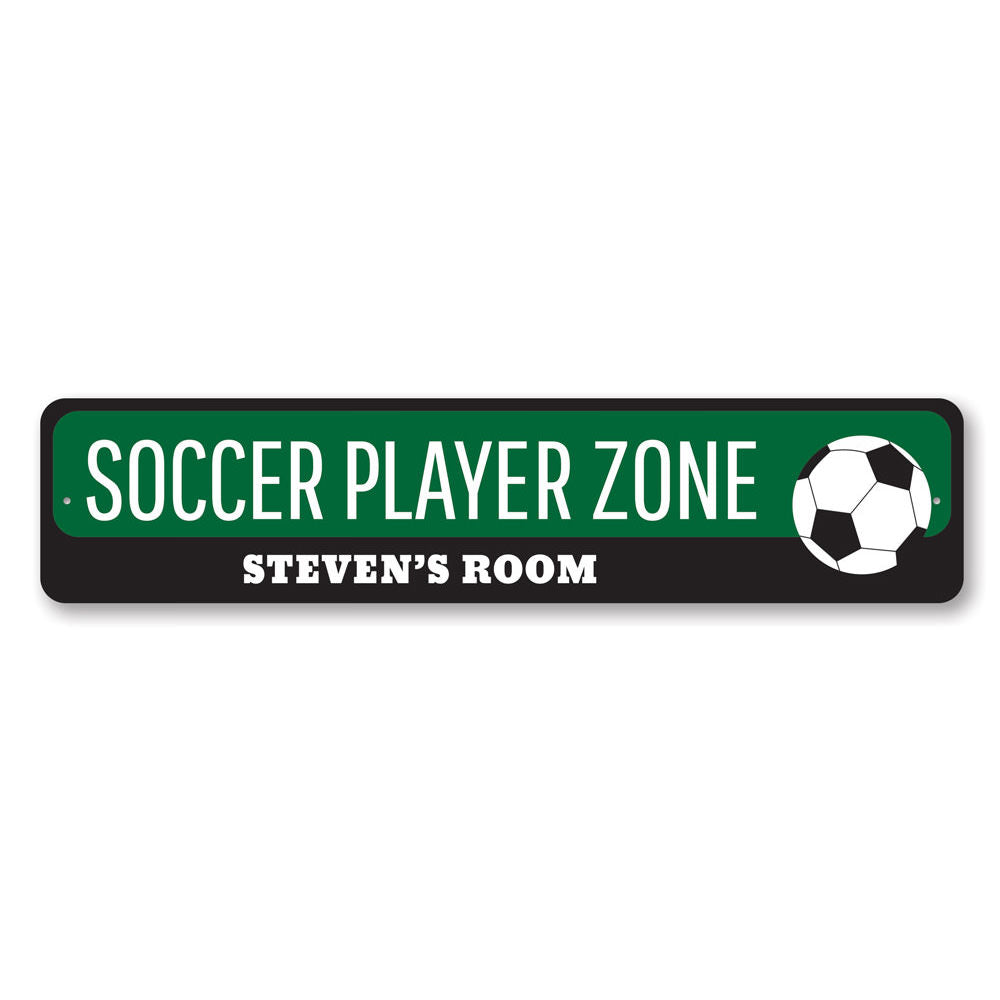 Soccer Player Zone Sign featuring vibrant colors and customizable text, perfect for a child's room decor.