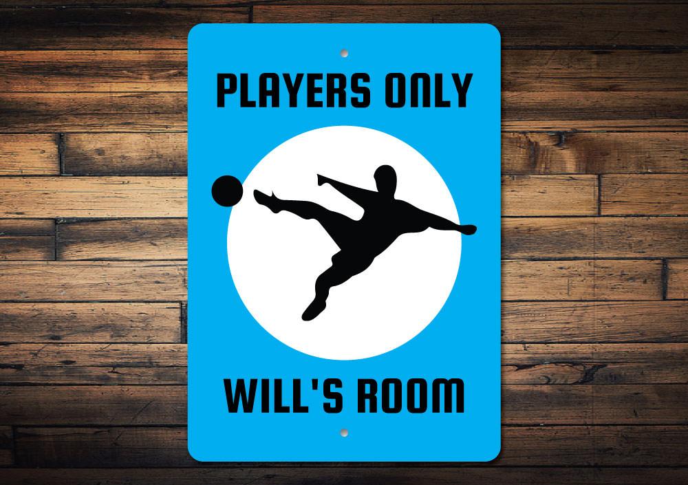 A vibrant Soccer Players Only sign made of durable aluminum, featuring a playful design perfect for kids' rooms and sports enthusiasts.