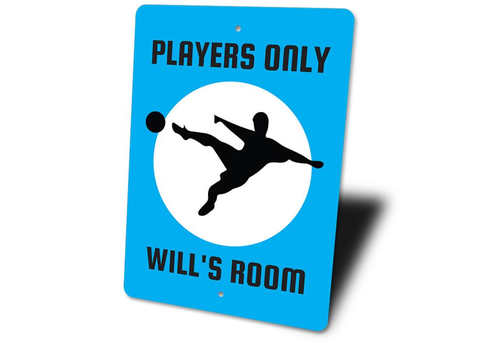 A vibrant Soccer Players Only sign made of durable aluminum, featuring a playful design perfect for kids' rooms and sports enthusiasts.