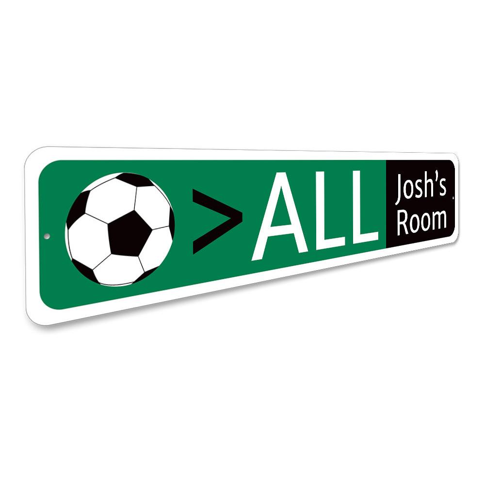 Customizable soccer sign made of high-quality aluminum, featuring vibrant colors and pre-drilled holes for easy mounting.