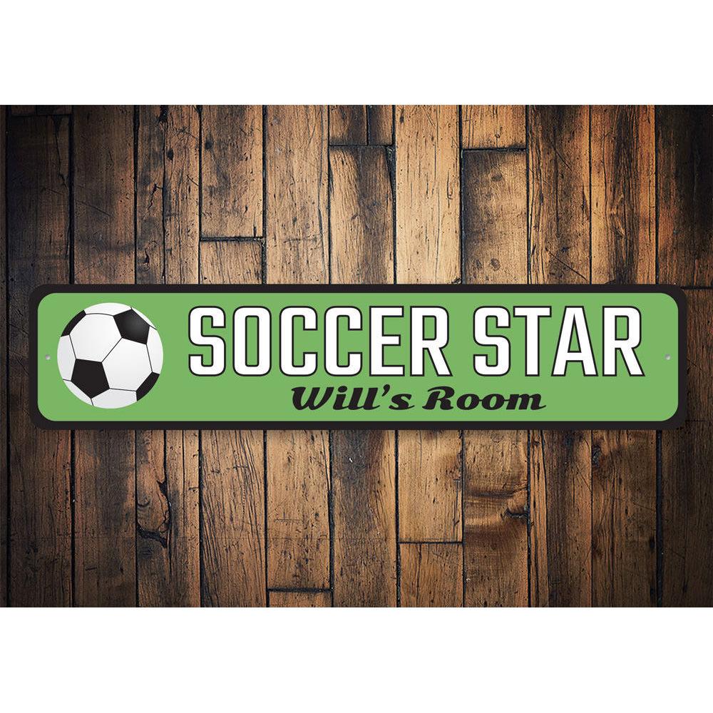 Customizable Soccer Star Sign made of high-quality aluminum, featuring vibrant colors and pre-drilled holes for easy mounting.