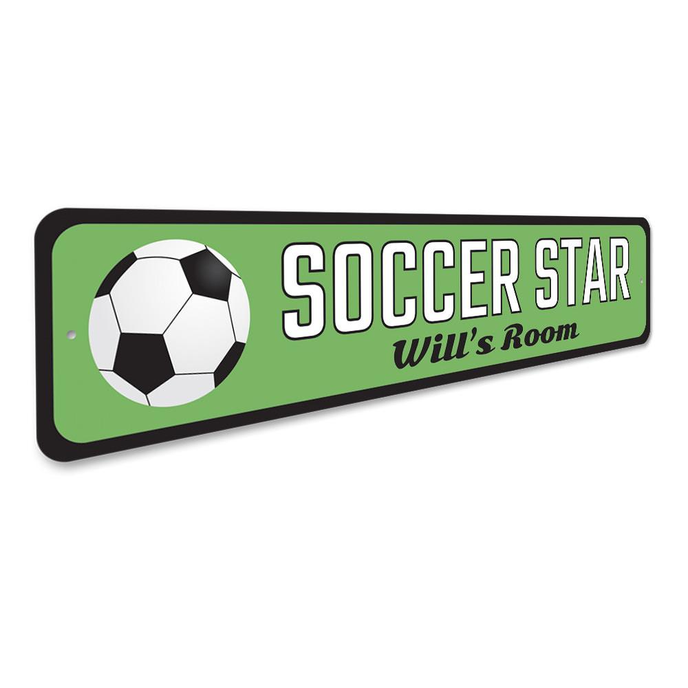 Customizable Soccer Star Sign made of high-quality aluminum, featuring vibrant colors and pre-drilled holes for easy mounting.