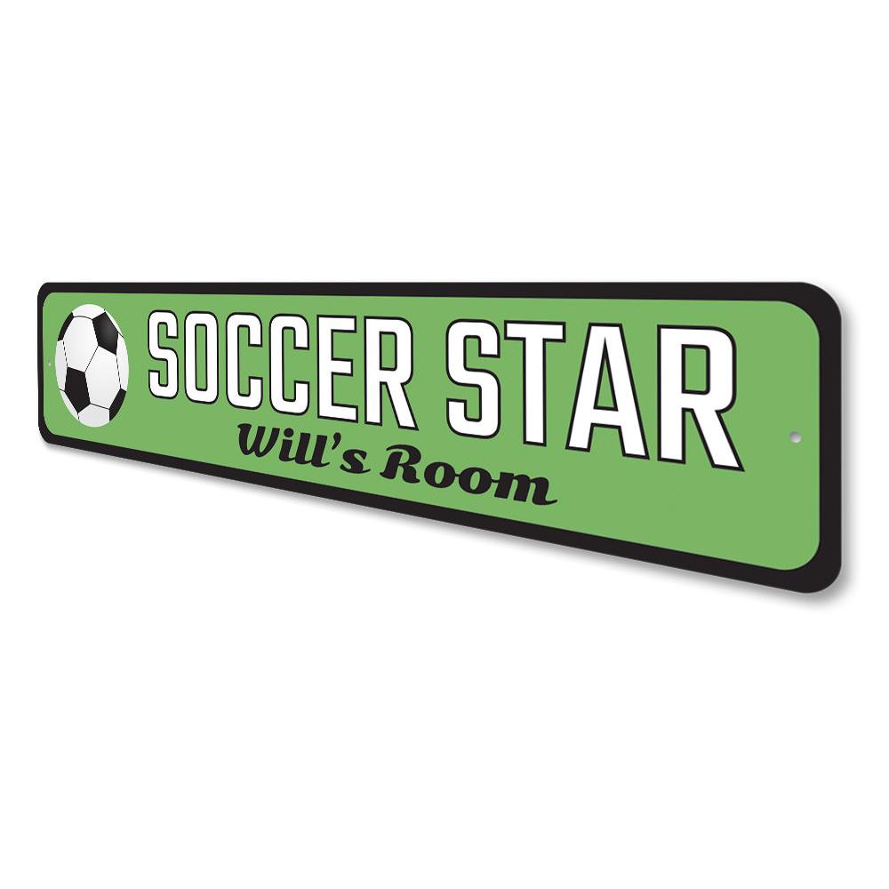 Customizable Soccer Star Sign made of high-quality aluminum, featuring vibrant colors and pre-drilled holes for easy mounting.