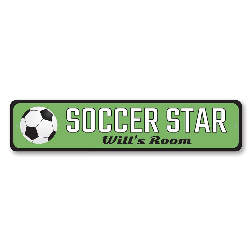 Customizable Soccer Star Sign made of high-quality aluminum, featuring vibrant colors and pre-drilled holes for easy mounting.