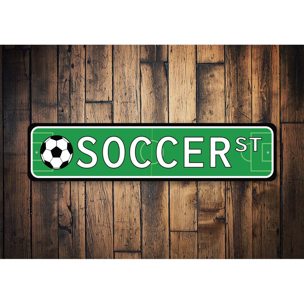 A vibrant Soccer Street Sign made of durable aluminum, featuring customizable text and pre-drilled holes for easy mounting.