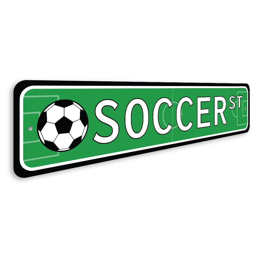 A vibrant Soccer Street Sign made of durable aluminum, featuring customizable text and pre-drilled holes for easy mounting.