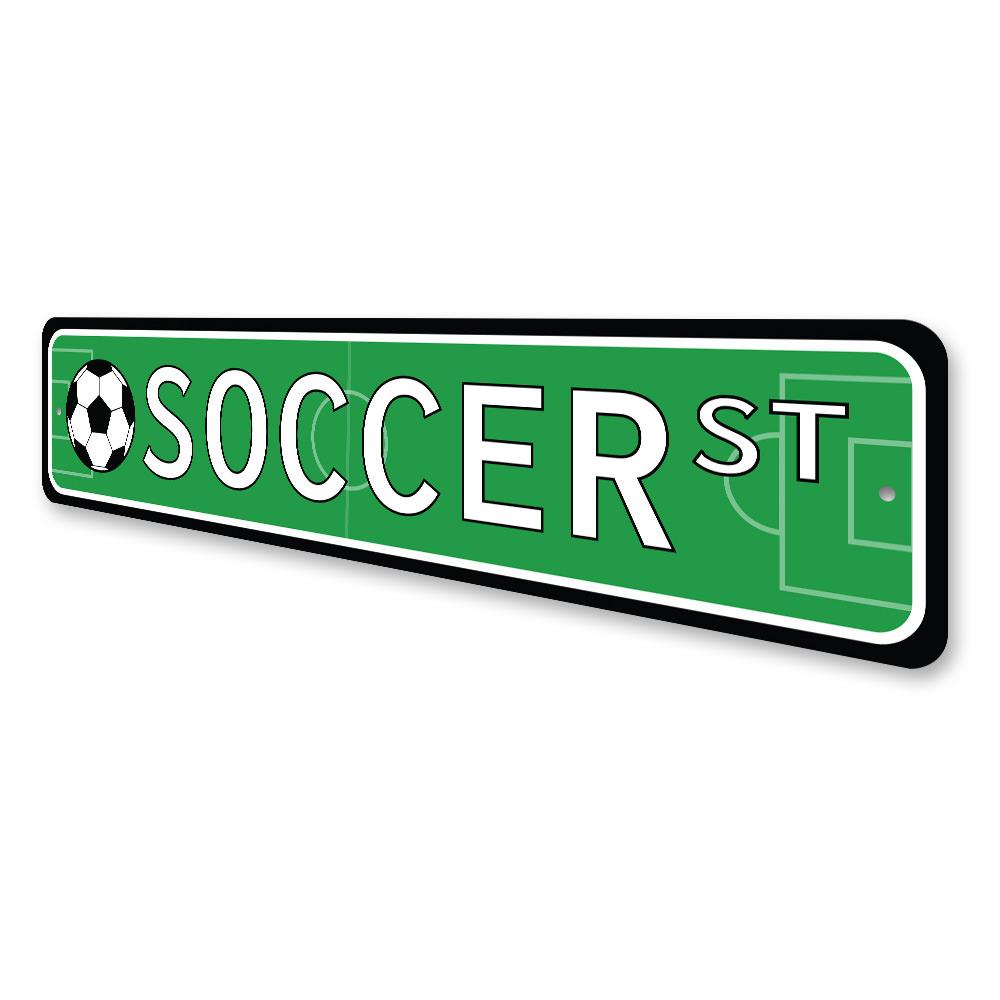 A vibrant Soccer Street Sign made of durable aluminum, featuring customizable text and pre-drilled holes for easy mounting.