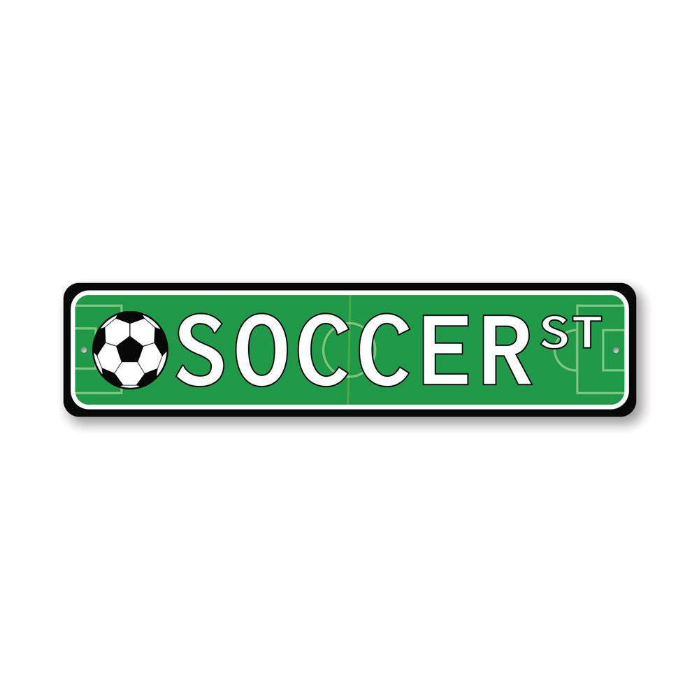 A vibrant Soccer Street Sign made of durable aluminum, featuring customizable text and pre-drilled holes for easy mounting.