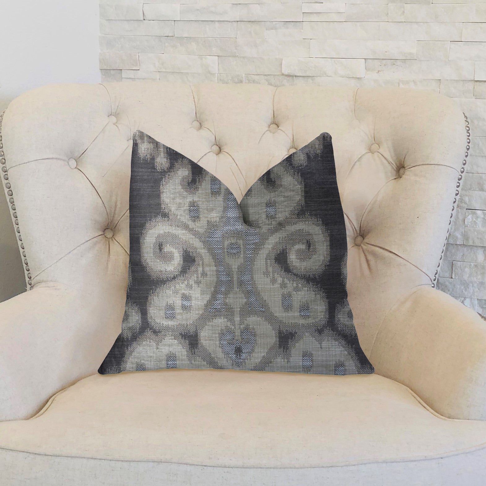 Social Butterfly Brown Shades Luxury Throw Pillow featuring a rich ikat pattern in warm brown tones, handmade in the USA with a sleek invisible zipper.