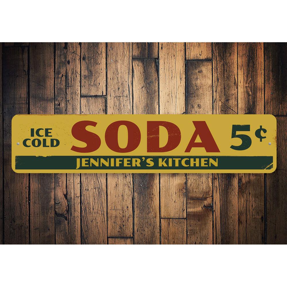 Vintage-style Soda 5 Cents Sign made of durable aluminum, featuring nostalgic design perfect for cafes and restaurants.