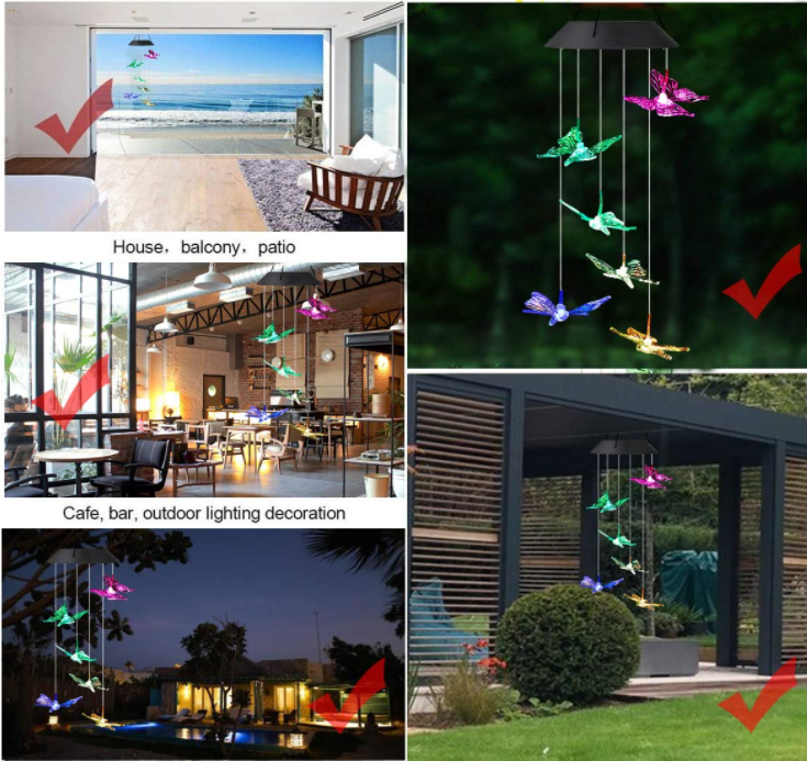 Colorful Solar Power Butterfly Wind Chimes hanging outdoors, featuring six butterfly designs and vibrant LED lights.