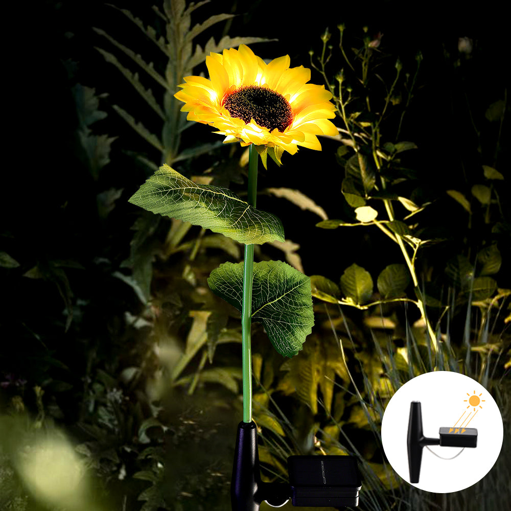 Two solar powered sunflower lights with warm white LEDs, designed for outdoor garden decoration, showcasing vibrant yellow petals and green stems.