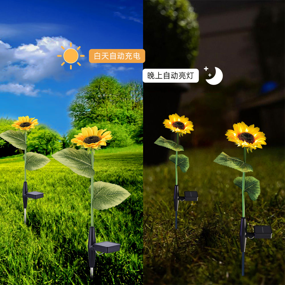 Two solar powered sunflower lights with warm white LEDs, designed for outdoor garden decoration, showcasing vibrant yellow petals and green stems.