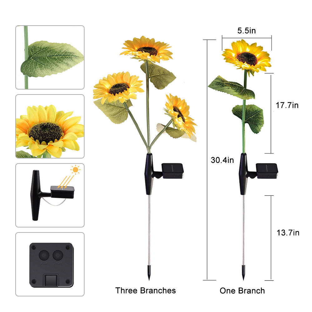 Two solar powered sunflower lights with warm white LEDs, designed for outdoor garden decoration, showcasing vibrant yellow petals and green stems.