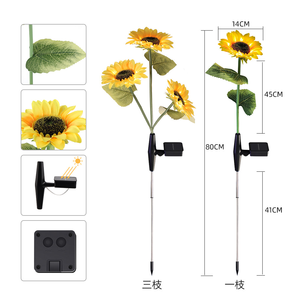 Two packs of solar powered sunflower lights with 30 LED bulbs, designed for outdoor garden decoration, showcasing vibrant yellow petals and green leaves.