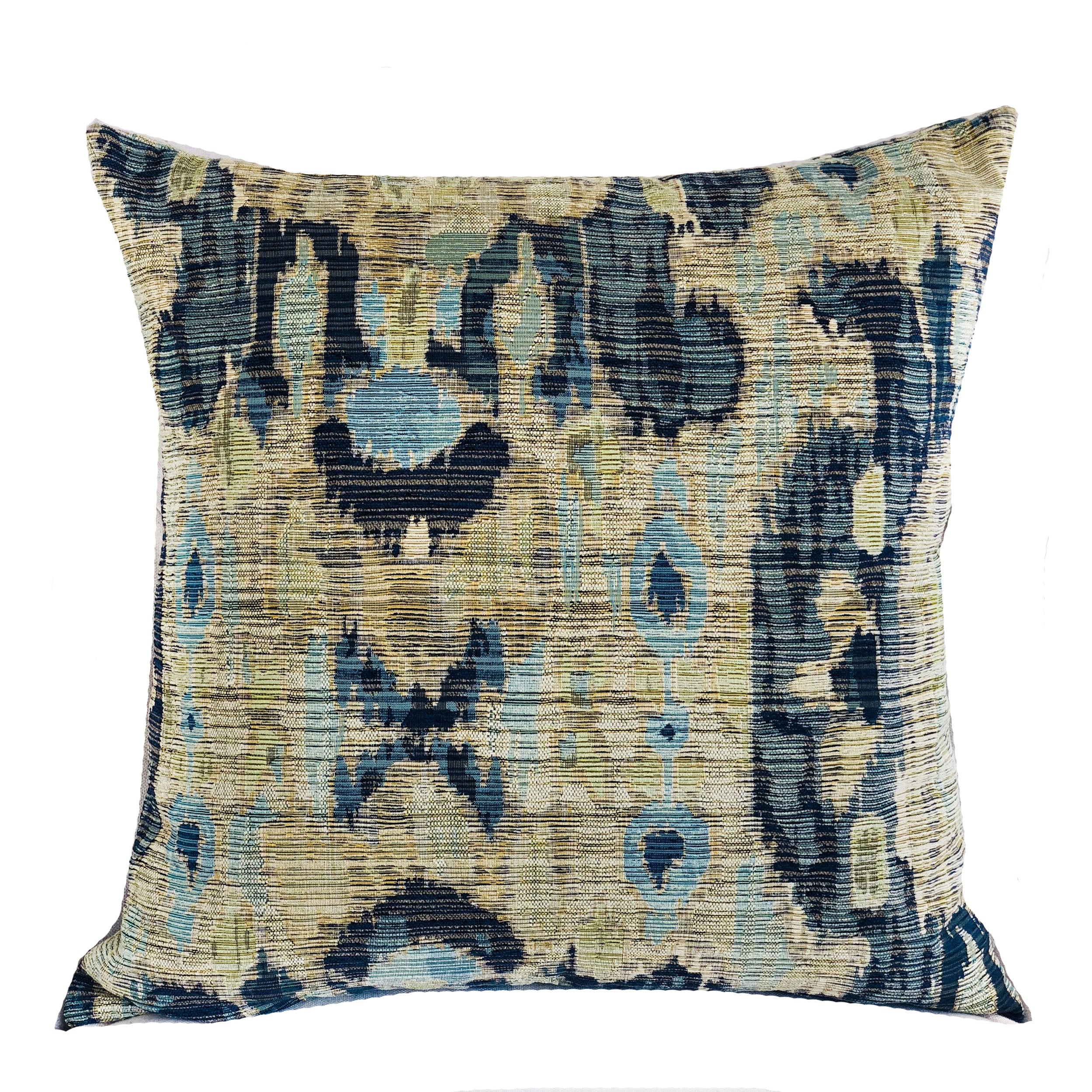 Sonoma Canyon Green Navy and Blue Handmade Luxury Pillow featuring Ikat pattern and invisible zipper closure, showcasing vibrant colors and luxurious fabric.