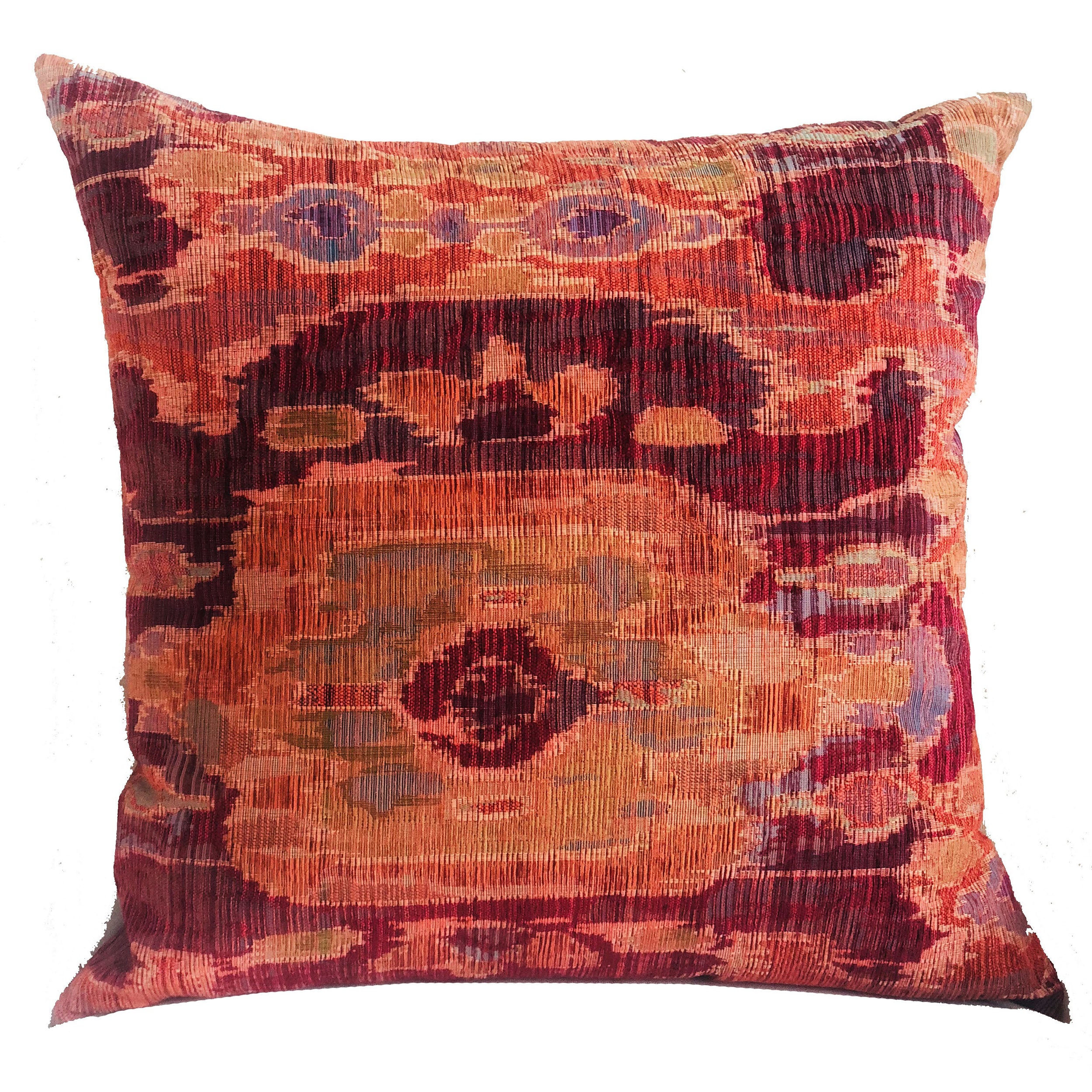 Sonoma Canyon Magenta Coral and Blue Handmade Luxury Pillow featuring ikat pattern and invisible zipper closure.