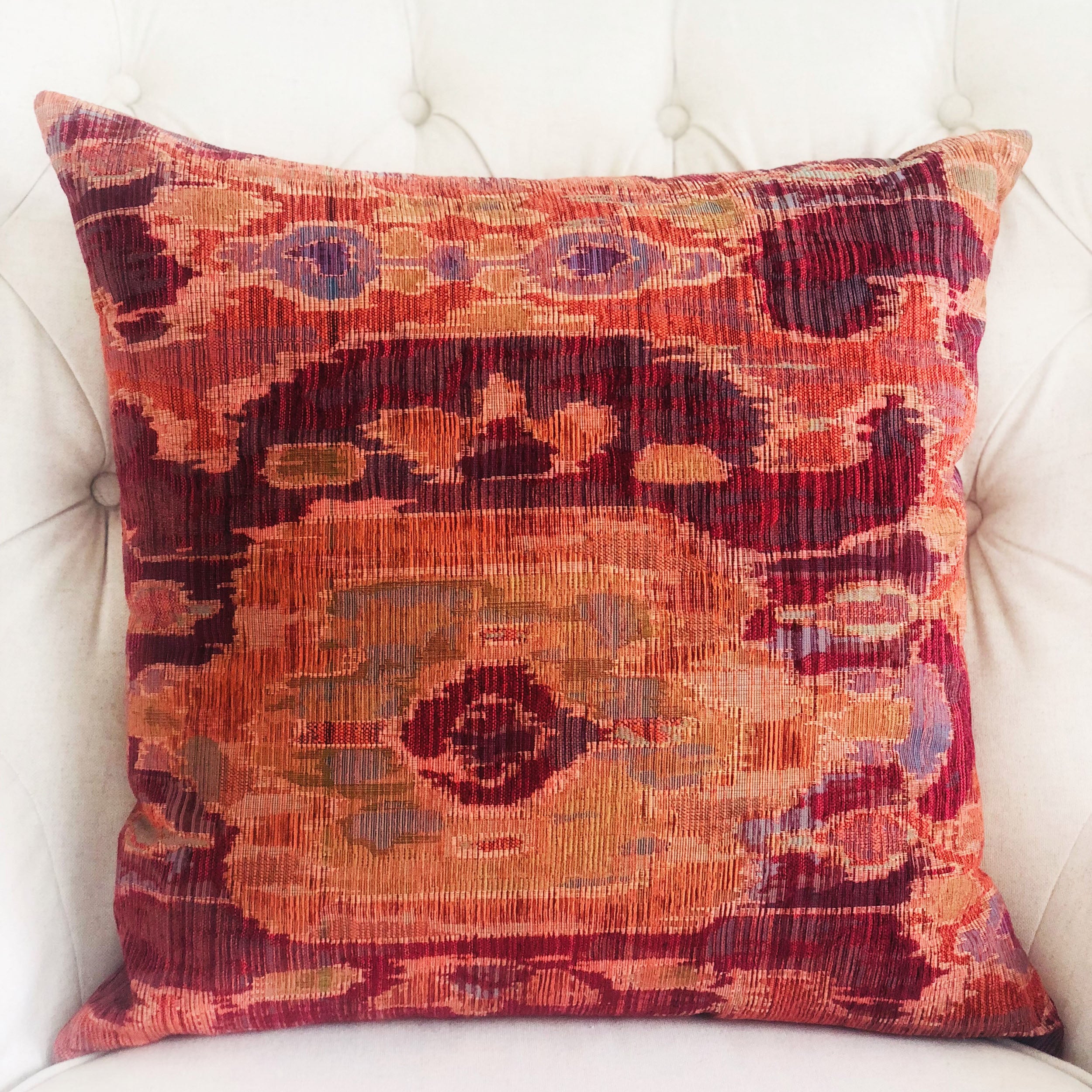 Sonoma Canyon Magenta Coral and Blue Handmade Luxury Pillow featuring ikat pattern and invisible zipper closure.