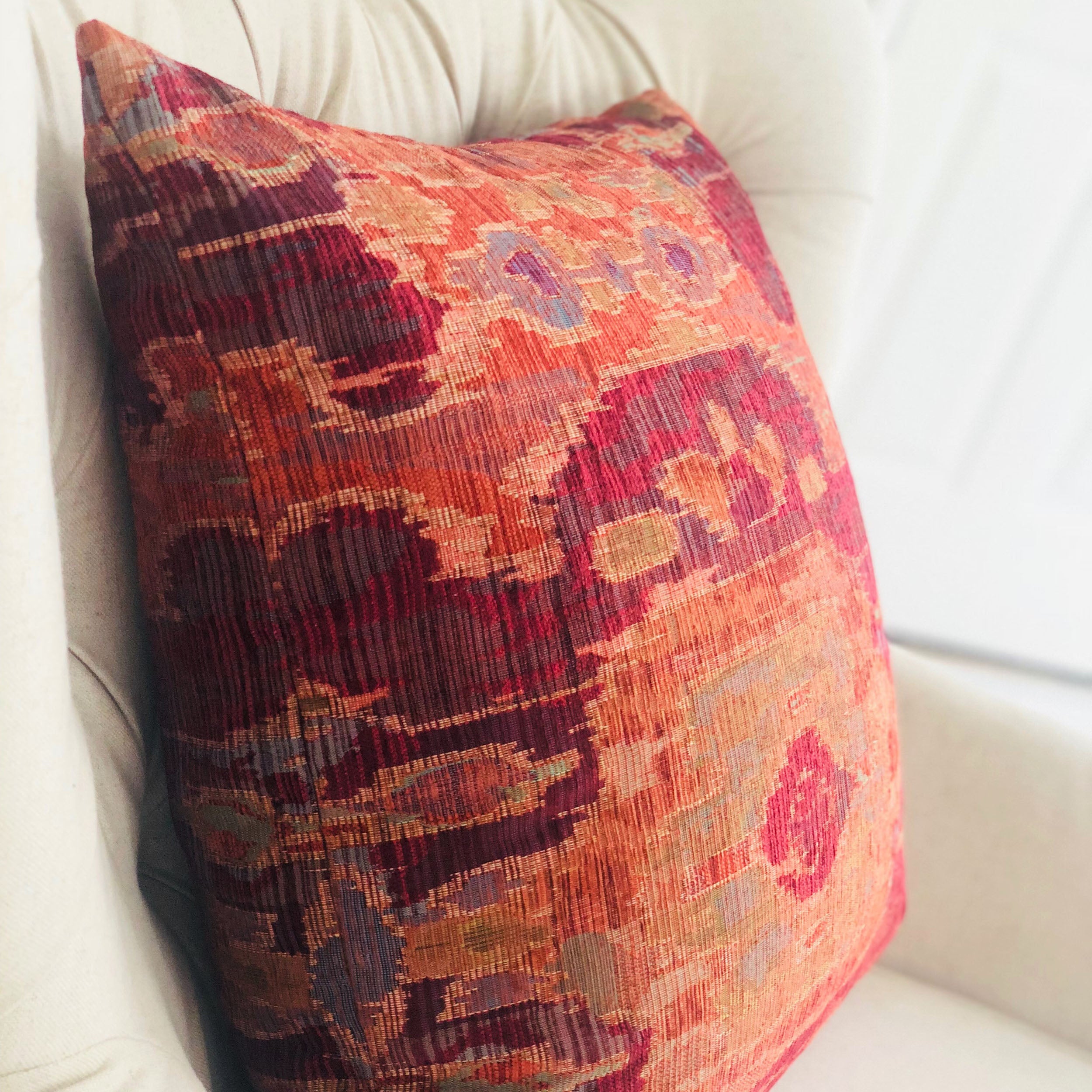 Sonoma Canyon Magenta Coral and Blue Handmade Luxury Pillow featuring ikat pattern and invisible zipper closure.