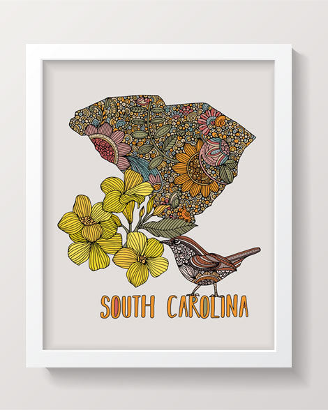 Detailed South Carolina State Map featuring the Carolina wren and Yellow jessamine, designed in pen and ink with digital coloring.