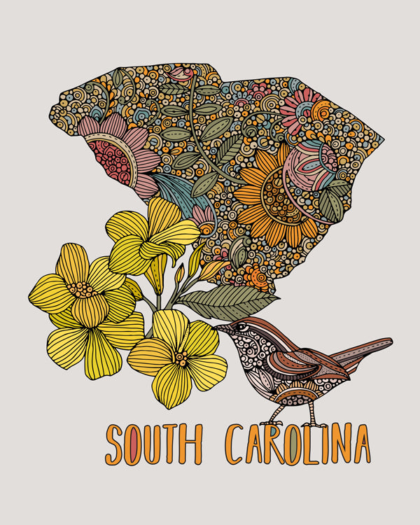 Detailed South Carolina State Map featuring the Carolina wren and Yellow jessamine, designed in pen and ink with digital coloring.