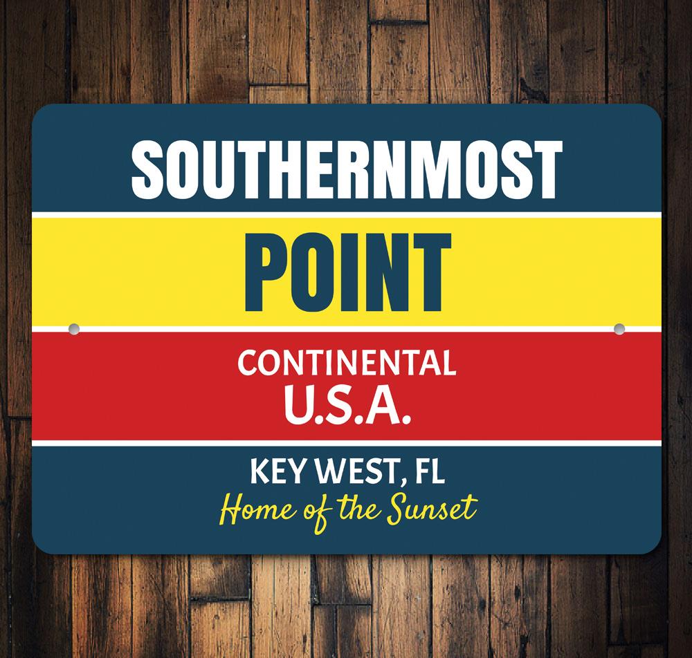 Southernmost Point Sign made of high-quality aluminum, featuring coastal-themed design, perfect for beach houses and outdoor decor.