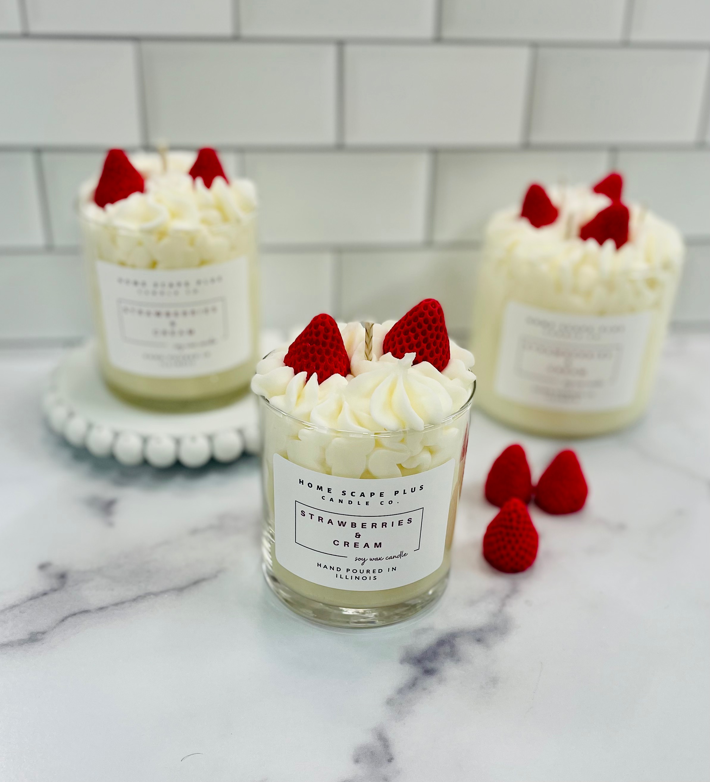 Soy Wax Candle in Strawberries & Cream scent, available in 11oz and 18oz sizes, featuring a cotton wick and vibrant packaging.