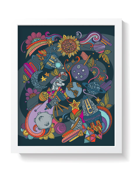 Archival art print featuring original pen and ink space-themed artwork with digital coloring, sized 8x10 inches.