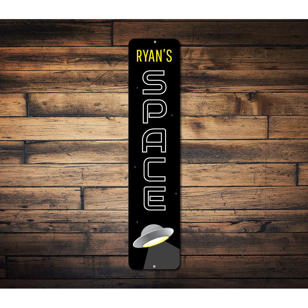 A colorful Space Vertical Sign featuring customizable text, made from high-quality aluminum, perfect for kids' rooms and decorative spaces.