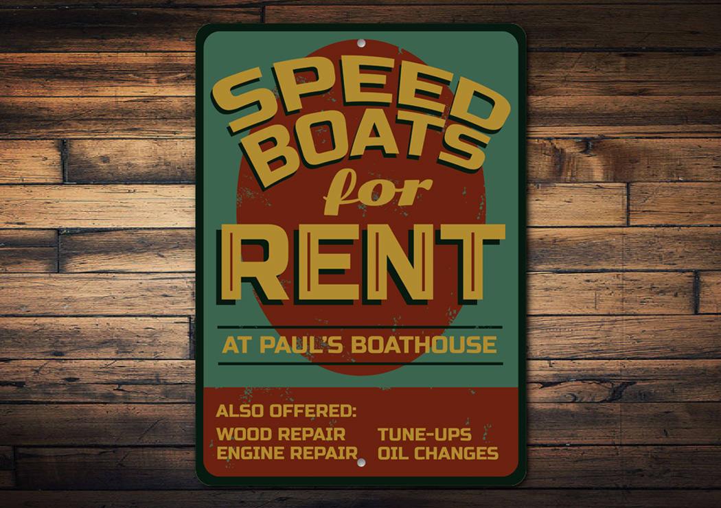 Customizable Speed Boat Sign made from durable aluminum, perfect for lakehouse decor.